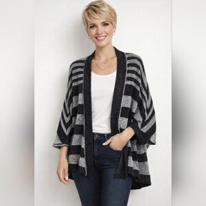 LOFT Black Gray Striped Open Front Kimono Cardigan Sweater Size Small Lagenlook